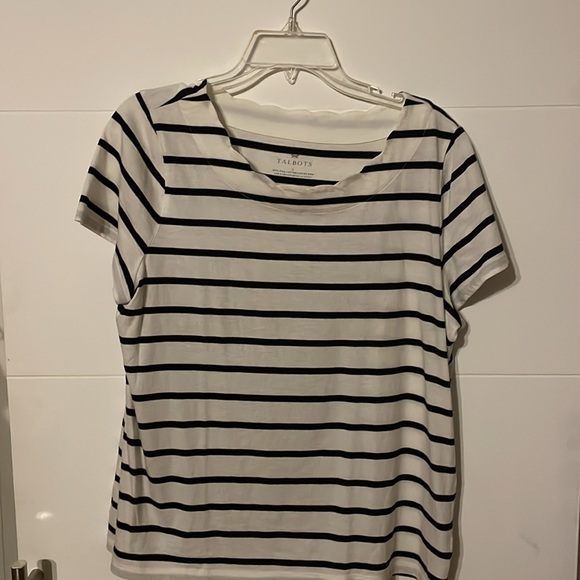 SET of 3 Talbots Tee, Women’s L, scalloped neck: Orange Black White striped - Picture 3 of 10
